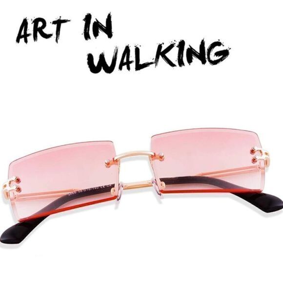 RIMLESS Rectangle Sunglasses Pink & Gold - Picture 1 of 6
